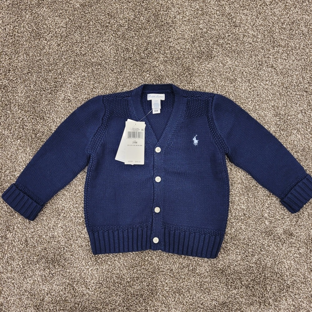 Ralph Lauren Kids Navy Blue Cotton Knit Cardigan Sweater 24M New With Tags